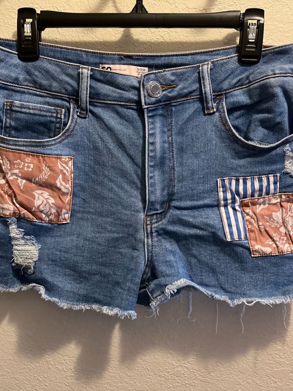 SO Blue Denim Shorts with Pink Floral and Blue Stripe Patches